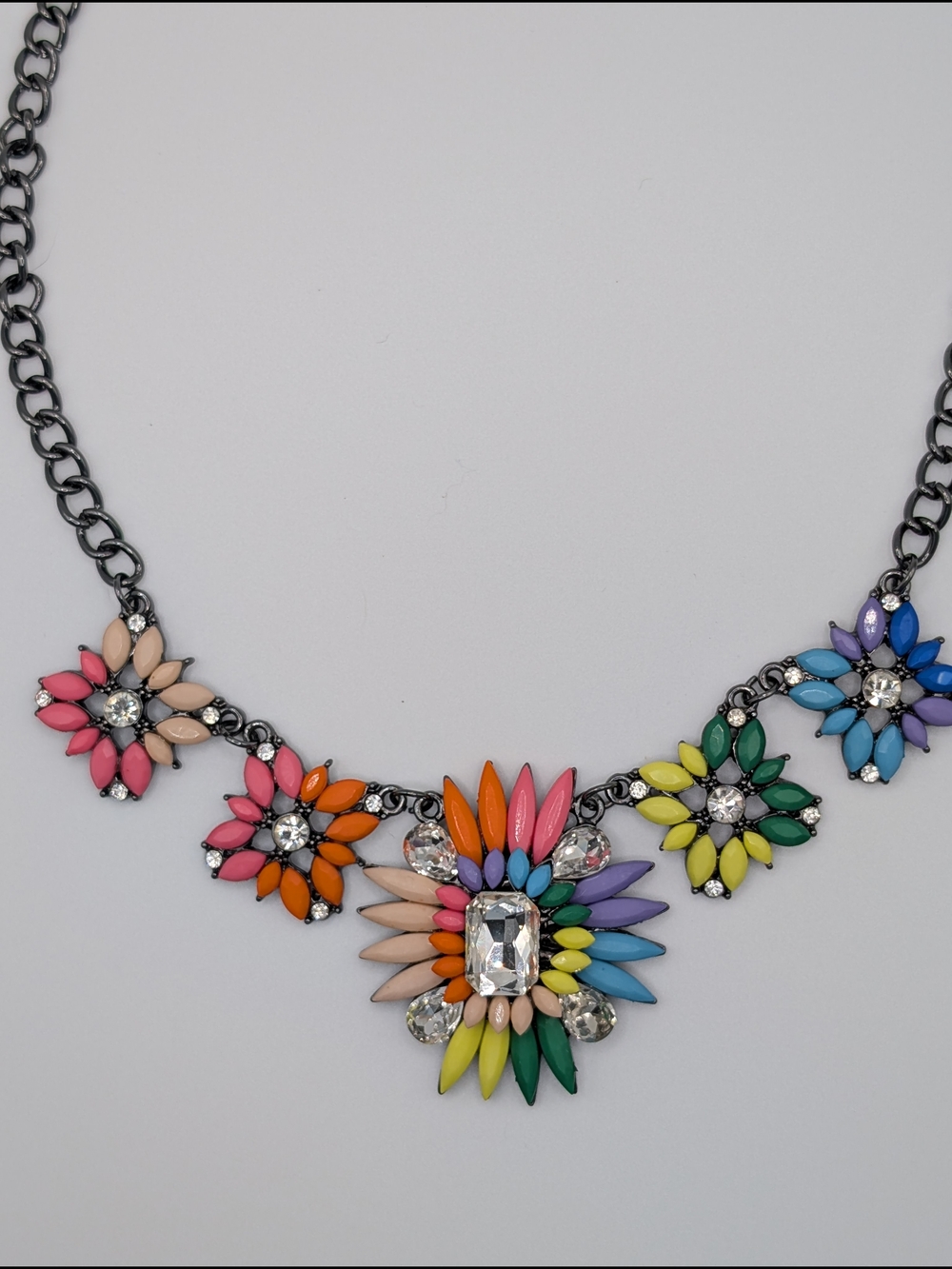 Multicolor Floral Statement Necklace - Metal, Resin, Rhinestone - Tropical